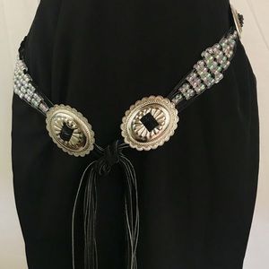 Black Leather and Iridescent Beaded Tie Belt EUC